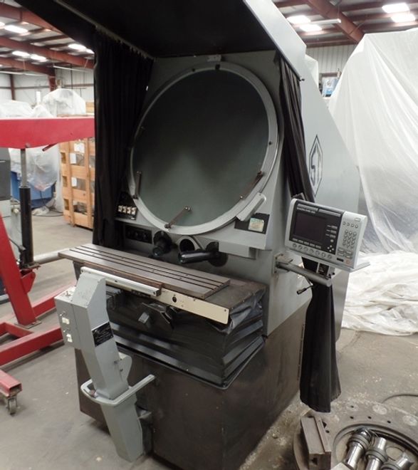 Specifications:  Model  22-2500  Screen diameter 30”  Work table 8” x 35”  Measuring travel  9” x 12”  Focus travel 3”  Lens 10 X  Allowable work load  500 lbs.  Measuring stage resolution   0.00005”  Digital screen protractor       1 minute  Helix