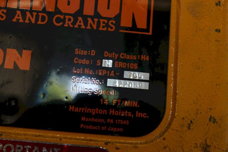 1 TON HARRINGTON SINGLE PHASE ELECTIC CHAIN HOIST: STOCK #69517