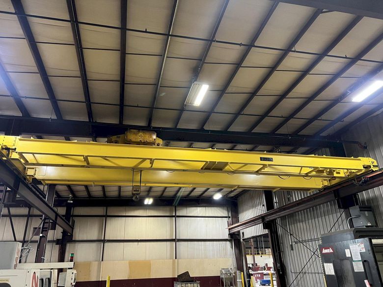 15 TON X 45' ROBBINS & MYERS DOUBLE GIRDER OVERHEAD BRIDGE CRANE, NO HOIST: STOCK #19443