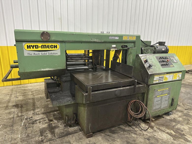 16" x 16" HYD-MECH MODEL #M-16A FULLY AUTOMATIC HORIZONTAL BANDSAW WITH POWER MITRE SWIVEL: STOC
