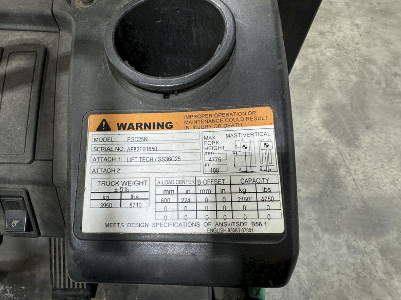 5000 LB MITSUBISHI MODEL #FGC25N LP GAS FORKLIFT: STOCK #78306