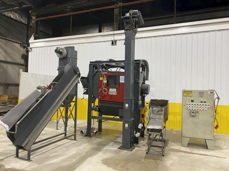 10 HP X 36" X 13"  ROSLER MODEL #JDBC-11/2 CONTINUOUS BARRELL BLASTING / AUTOMATIC PARTS DEBURRI