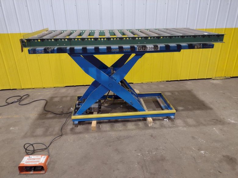 3,500 LBS X 30" X 96" BISHAMON HYDRAULIC SCISSOR LIFT TABLE WITH ROLLER TOP: STOCK #20966