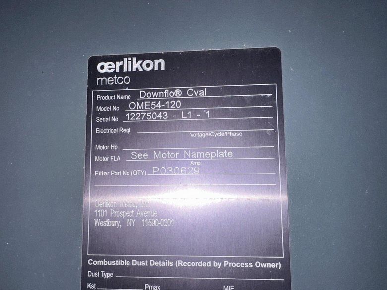 OERLIKON METCO OME-0 THERMAL SPRAY DUST COLLECTOR: STOCK #78152