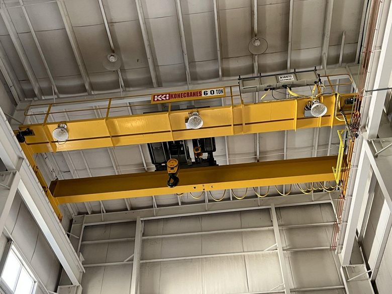 60 TON (10T AUX) x 36' KONE 8-WHEEL DOUBLE GIRDER OVERHEAD BRIDGE CRANE: STOCK #18375