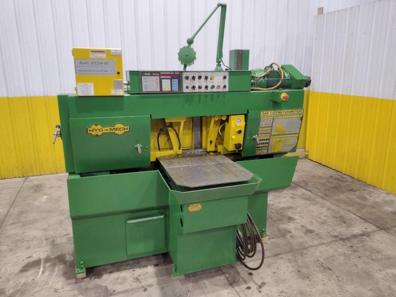 12" X 12" HYD-MECH MODEL #H-12A FULL AUTOMATIC FEED HORIZONTAL BANDSAW PLC 100 CONTROLS: STOCK #