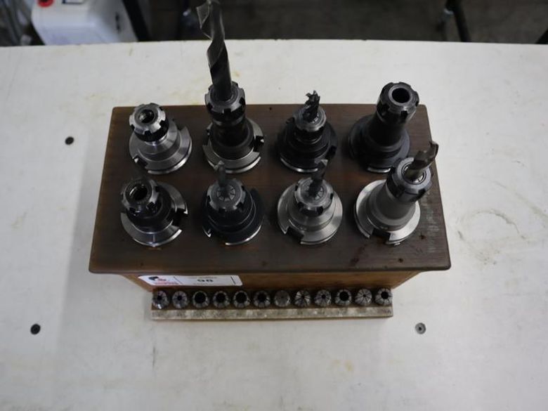 CAT40 Tool Holders (8pcs) ER20 Type with ER20 Collets in Wood Rack- Auction Item