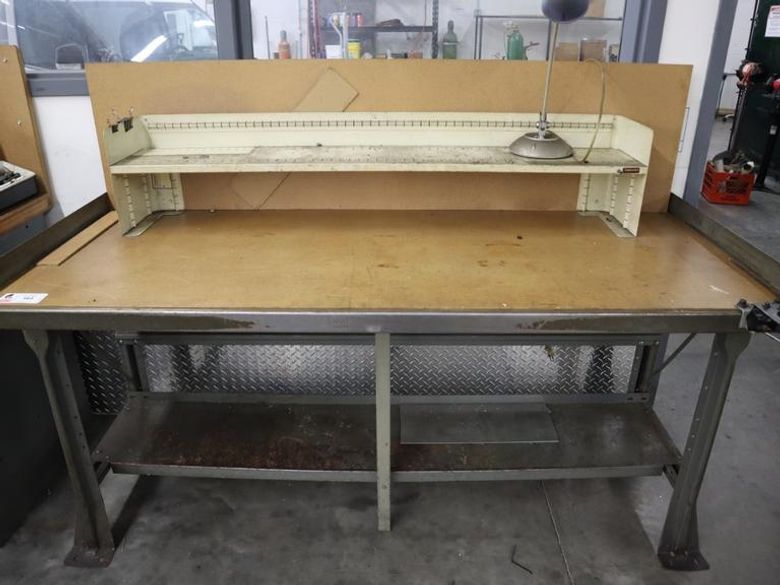Steel Frame Work Bench with Laminate Particle Board Top and Lower Shelf, CAT40 Tool Vise- Auction Item