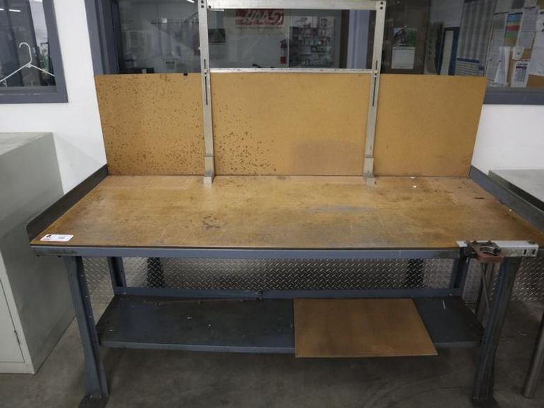 Steel Frame Work Bench with Particle Board Top, Lower Shelf and CAT40 Tool Vise- Auction Item