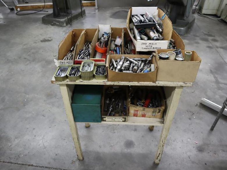Wooden Shelf Unit with Contents of Loose HSS & Carbide Tooling- Auction Item
