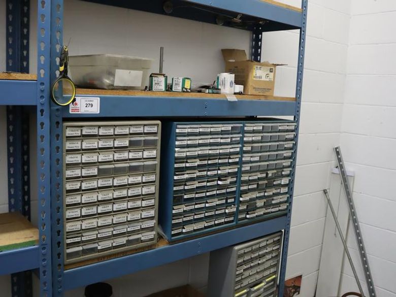 Teardrop Style Adjustable Shelf Racking with 6 Shelves with Assorted Contents of Multi Bin Organizers with Fasteners and Hardware- Auction Item
