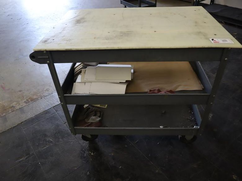 Rolling Steel Shop Cart with 3 Shelves and Plastic Top- Auction Item