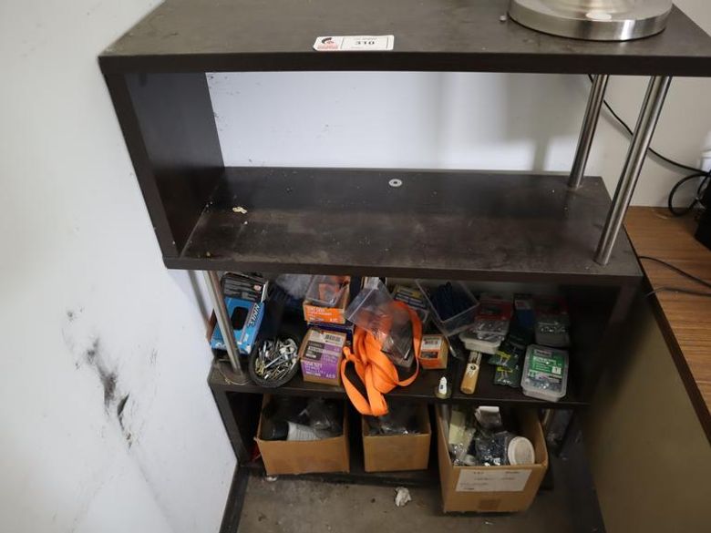Shelf Unit with Table Lamp and Assorted Hardware and Fasteners- Auction Item
