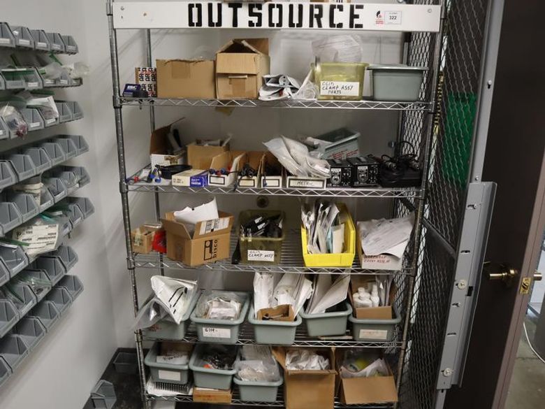 Rolling Adjustable Shelf Wire Racking with 6 Shelves and Contents Hardware, Clamps and Assorted Tools- Auction Item
