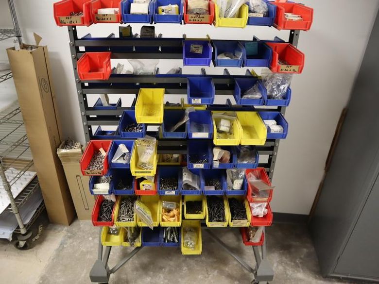 Rolling Tree Rack with Plastic Hanging Bins with Contents of Hardware and Fasteners- Auction Item