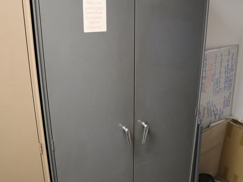 Equipto Steel 2 Door Cabinet with 7 Adjustable Shelves and Contents of Hardware and Fasteners- Auction Item