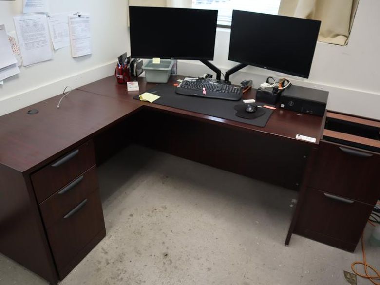 L-Shaped Office Desk with Side File, Laminate Wood Top, with Dell PC, LG Monitors, Keyboard, Mouse and Surge Protector- Auction Item