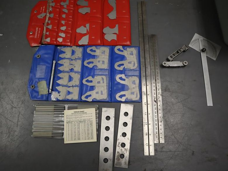 Radius Gage Sets (2) , Rulers, Folding Thread Gages, Thread Measuring Wires, Protractor- Auction Item