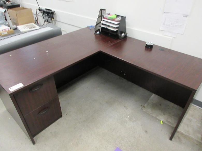 L-Shaped Office Desk with 2 Drawer Cabinet, Laminate Wood Top and Assorted Contents- Auction Item