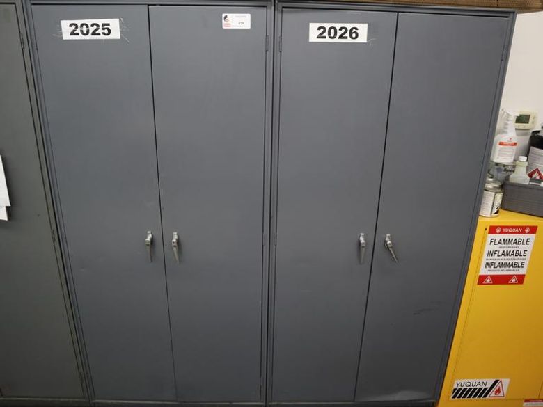 Metal 2 Door Heavy Duty Storage Cabinets (2 Units) with Adjustable Shelves and Contents of Plastic Bins and Parts- Auction Item