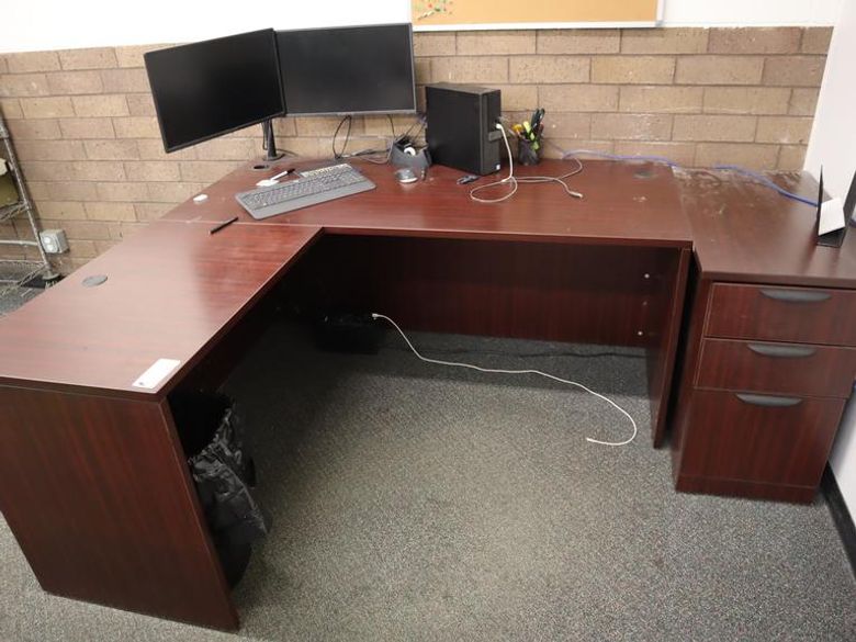 L-Shaped Laminated Office Desk with 2 Door File Cabinets and Dell Core I5 VPro 9th Gen PC with Sceptre 23" Dual Monitors, Keyboard and Mouse- Auction Item