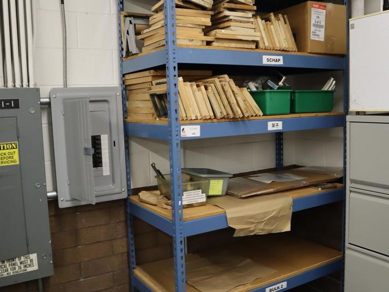 Teardrop Style Racking with 6 Adjustable Shelves and Contentes of Wood Frame Screens, Foam, Fixtures- Auction Item