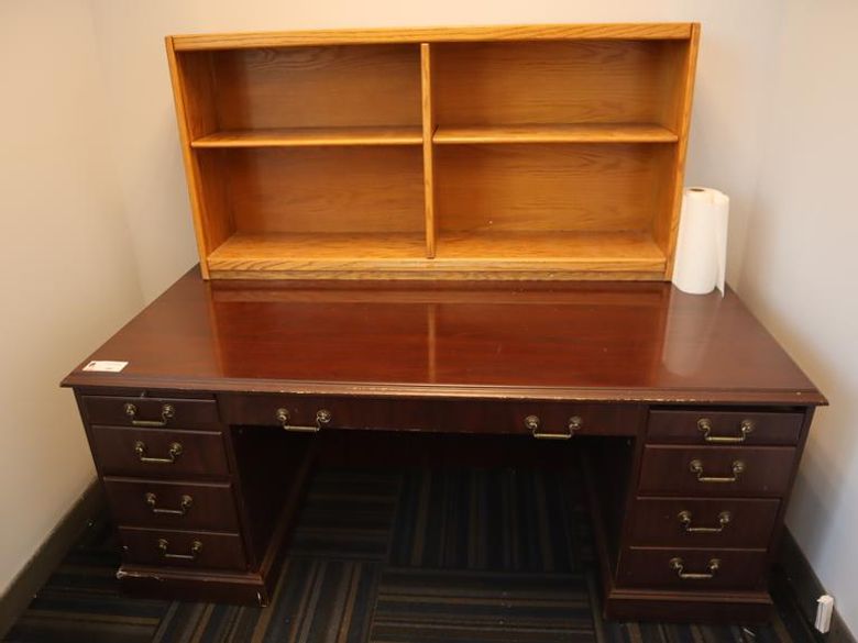 Wooden Office Desk with Side and Center Drawers and Top Book Shelf- Auction Item