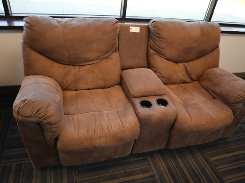 Reclining Love Seat, Brown Suede with Center Console- Auction Item