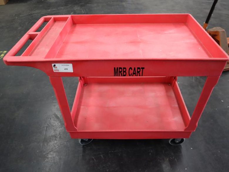 Uline Red Molded Plastic Rolling Cart with 2 Shelves- Auction Item