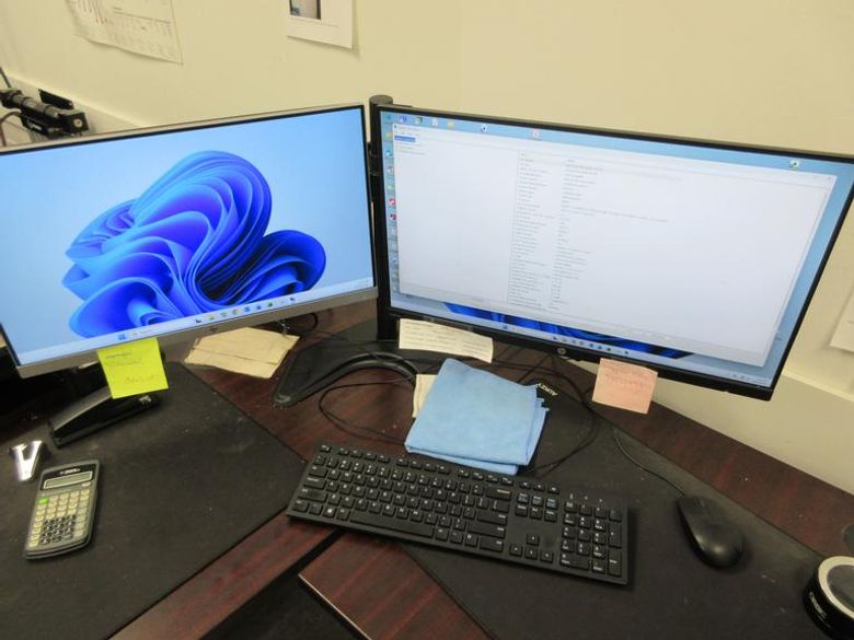 Dell Core I5 PC with HP 21" & 23" Monitors, Keyboard, Mouse and Dual Monitor Stand- Auction Item