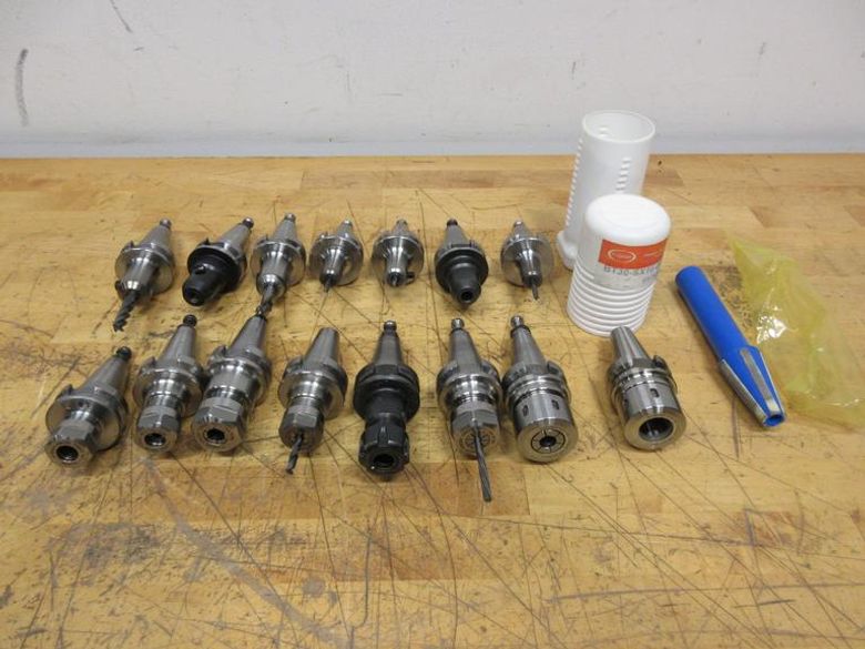 BT30 Tool Holders (15pcs), Assorted Brands and Types, End Mill, ER16 & 20, Pioneer SXN 16S (1) New in Package, and 30 Taper Wiper- Auction Item