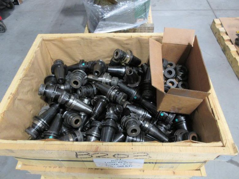 CAT50 TG100 Collet Type Tool Holders, Many Dozens or Holders in Crate, Assorted Brands Command, Techniks and Others with Some Spare Nuts- Auction Item