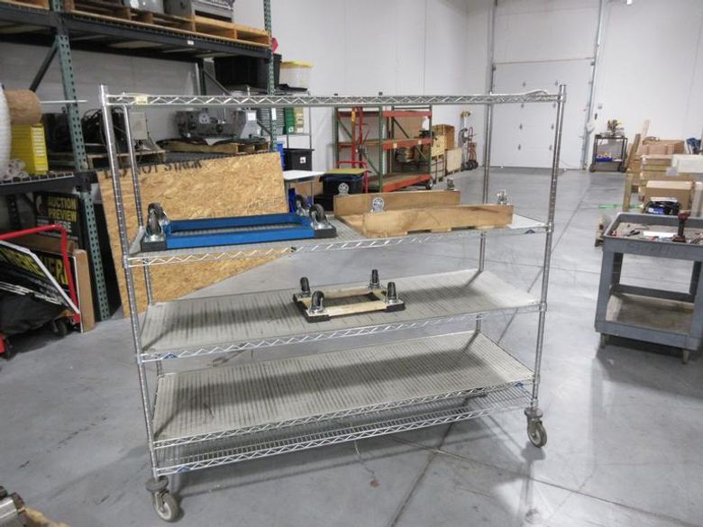 Metro Rolling Wire Shelf, with 5 Adjustable Shelfs and (2) Woodframe, (1) Plastic Frame Moving Dollies- Auction Item