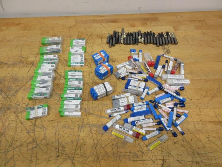 Solid Carbide End Mills Dozens of Assorted Brands 3/8 Under *New In Packages* With Used 1/2" End Mills- Auction Item