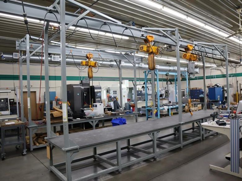 Heavy Duty Steel Mold Table with Overhead Hoist System, Harrington 3 Ton and 2Ton Electric Chain Hoists, I Beam, Trolleys- Auction Item