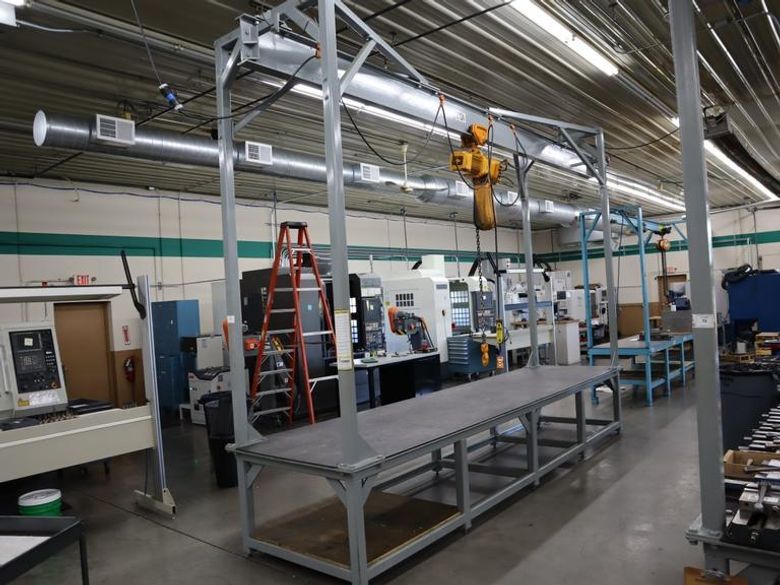 Overhead Hoist & Crane Specialists Heavy Duty Steel Mold Table with Overhead Hoist System, Harrington 2 Ton Electric Chain Hoist, I Beam, Trolley- Auction Item