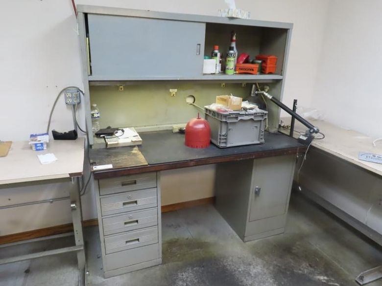 Metal Work Desk with Drawers w Sliding Door and Contents w Light- Auction Item