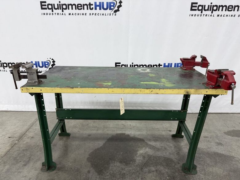 3′ x 6′ Steel Work Table w/ (2) 3.5″ Columbian & (1) Americana A4-1/2 Vises