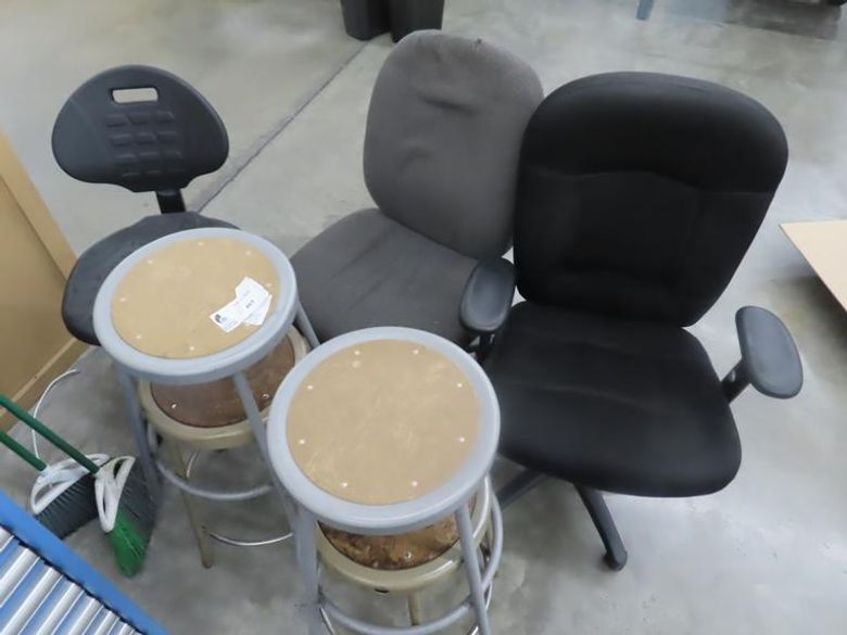 Chairs (3) on Casters, (4)  Shop Stools- Auction Item