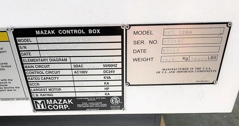 MAZAK SMART VCS-430A CNC VERTICAL MACHINING CENTER, NEW 2012