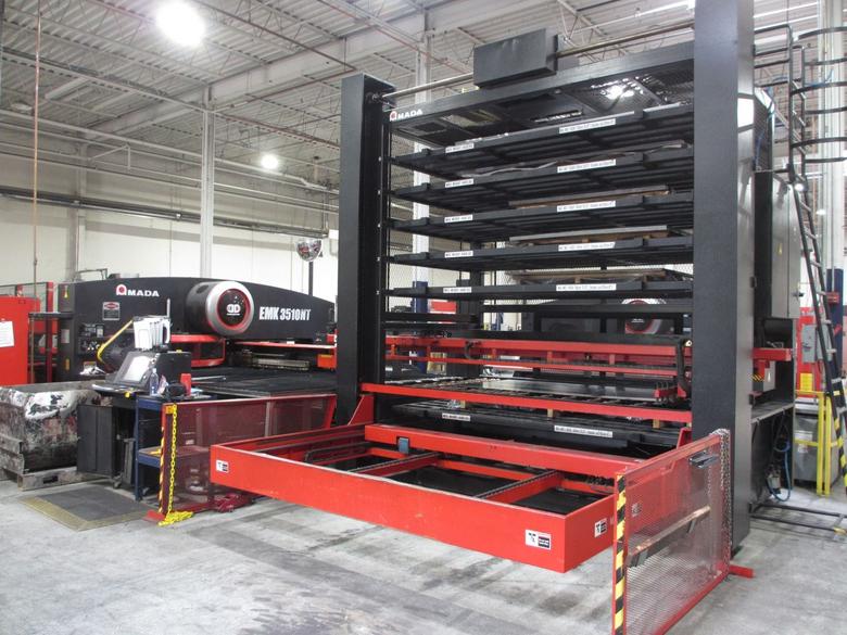 Amada high production punching system with 6 shelf load system and 5 shelf unload with part stacking for unmanned operation with job scheduling