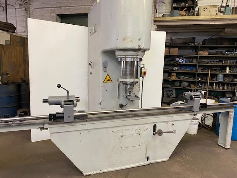 EITEL RP-160 HYDRAULIC STRAIGHTENING PRESS, 175 TONS, WITH ROLLING FIXTURE WITH CENTERS, TABLE EXTENSIONS, RUNS GREAT!, 1977