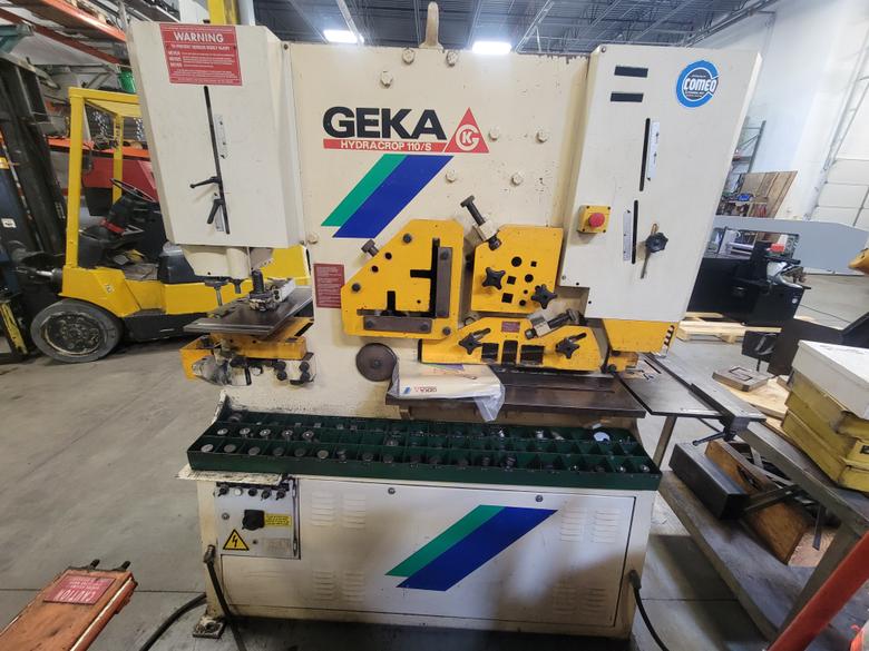 Very good condition Geka Hyrocrop 110 ton ironworker, with tons of tooling and "C" channel blades as well as rod shear, angle shear, flat bar shear, coper/notcher and of course punch station, two foot pedals
Boxes of tooling,elec. stop