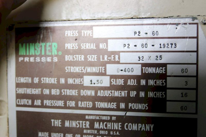 60 TON MINSTER MODEL #P2-60-32 PIECE MAKER SSDC PRESS: STOCK 68274