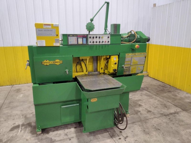 12" X 12" HYD-MECH MODEL #H-12A FULL AUTOMATIC FEED HORIZONTAL BANDSAW PLC 100 CONTROLS: STOCK #