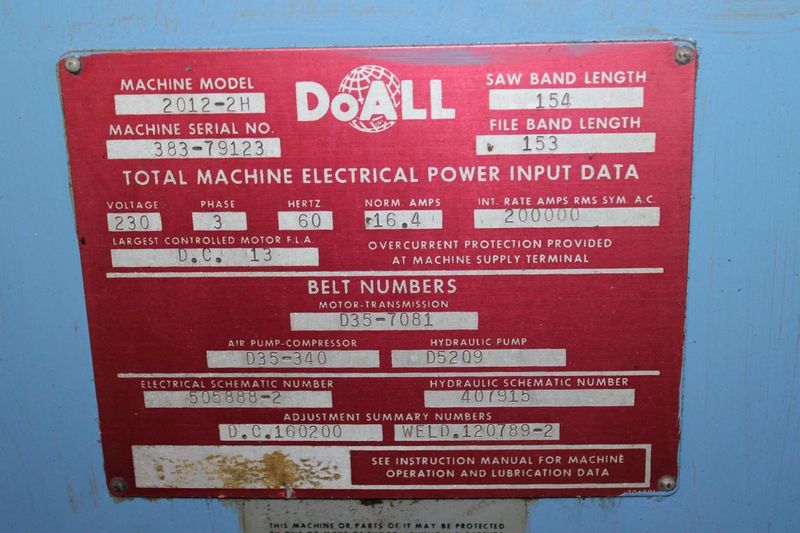 20" DOALL MODEL #2012-2H VERTICAL BAND SAW: STOCK #78705