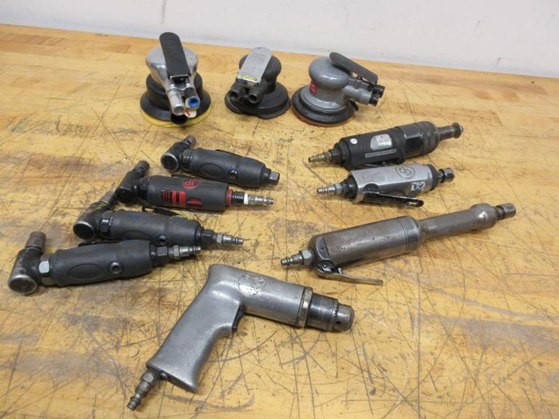 Pneumatic Power Tools, (3) 4.5" Palm Sanders, (4) 90 Deg Die Grinders, (3) Straight Die Grinders, (1) Drill with 3/8" Keyed Chuck- Auction Item