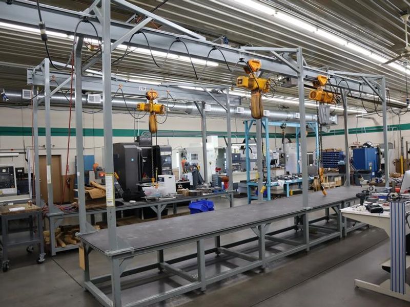 Heavy Duty Steel Mold Table with Overhead Hoist System, Harrington 3 Ton and 2Ton Electric Chain Hoists, I Beam, Trolleys- Auction Item