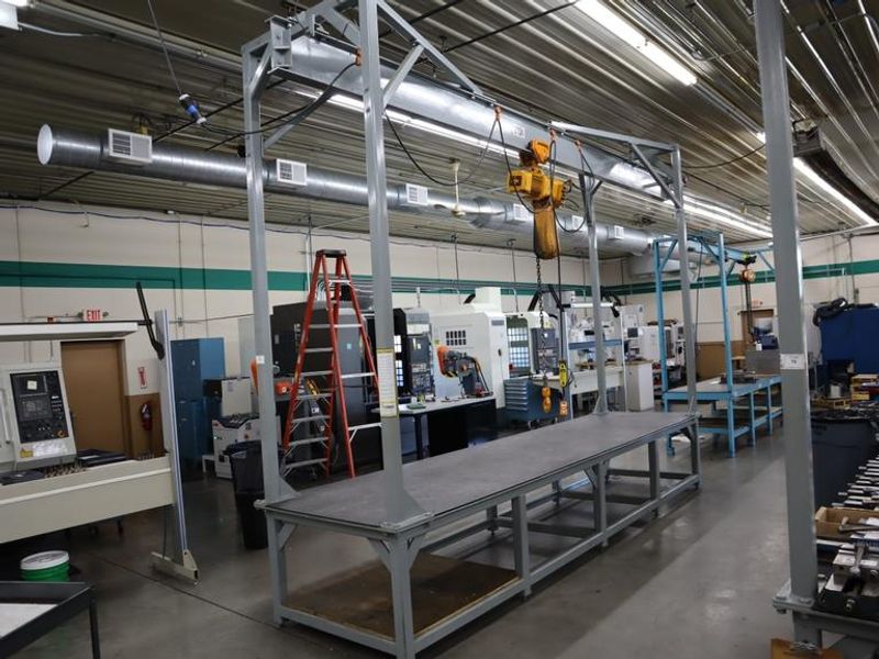 Overhead Hoist & Crane Specialists Heavy Duty Steel Mold Table with Overhead Hoist System, Harrington 2 Ton Electric Chain Hoist, I Beam, Trolley- Auction Item