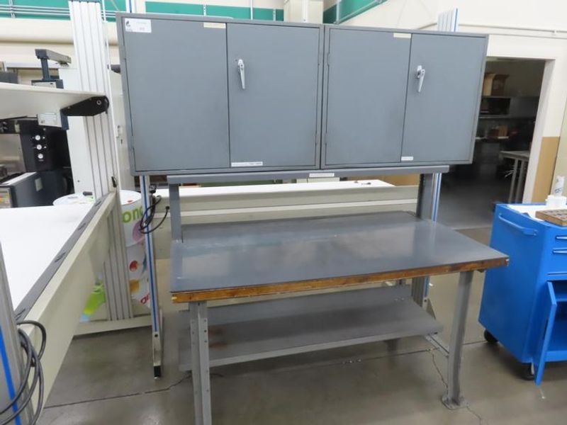 Wood Top Bench w Metal Frame (2) Door Equipto Cabinets w Lower Shelf and Contents- Auction Item